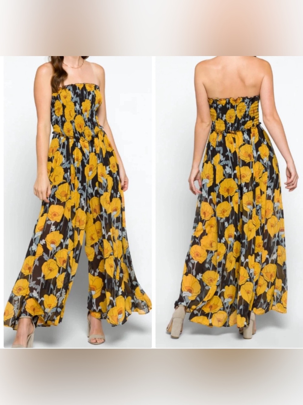 Free People Sophia Smocked Floral Strapless Jumpsuit Sz XS Wide Leg Yellow Poppy